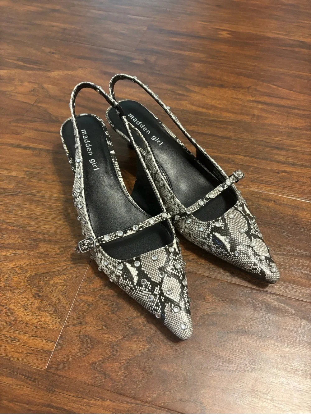 Madden Girl Black & White Snake-Print Studded Slingback Flats